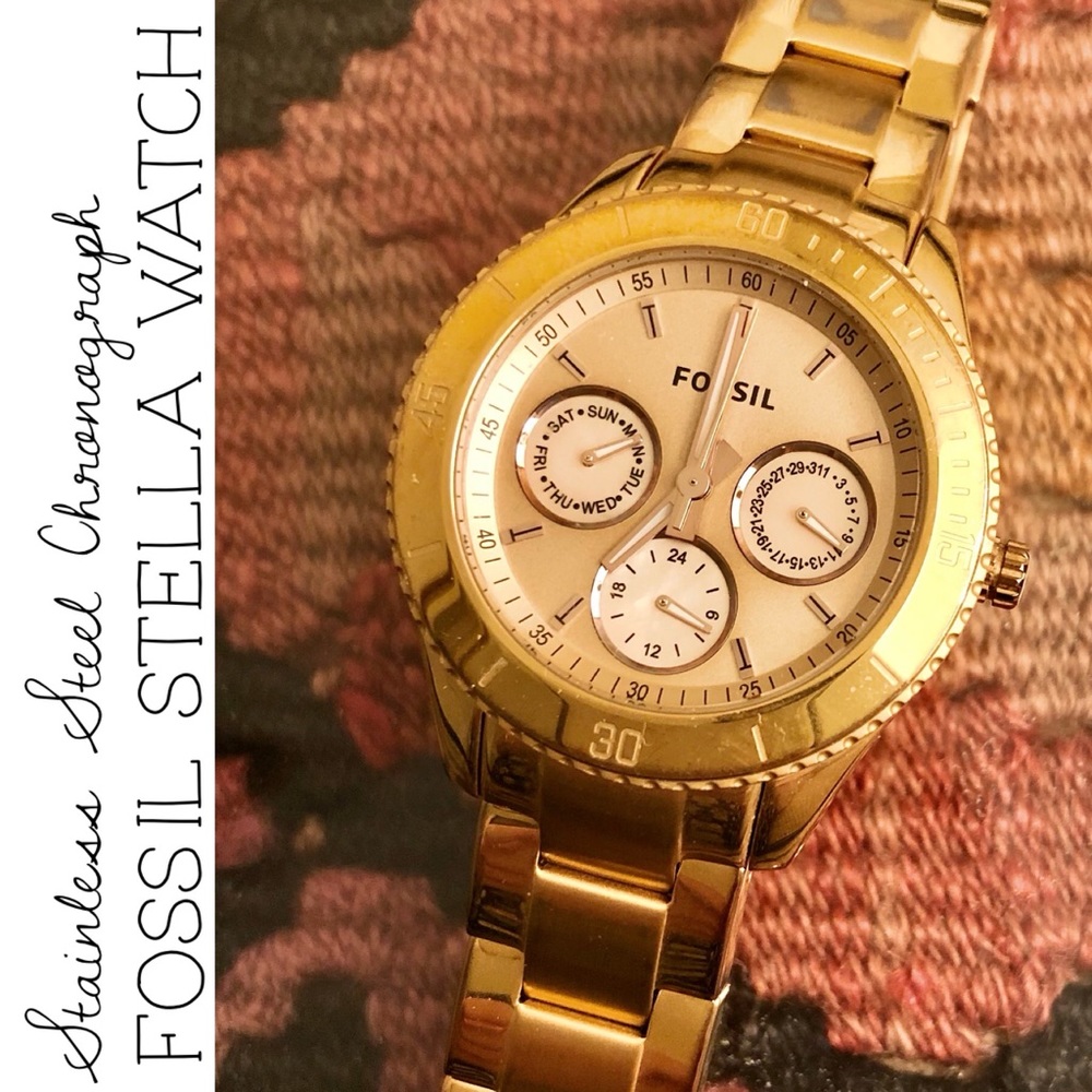 Fossil Stella Stainless Steel Gold Chronograph Wrist Watch